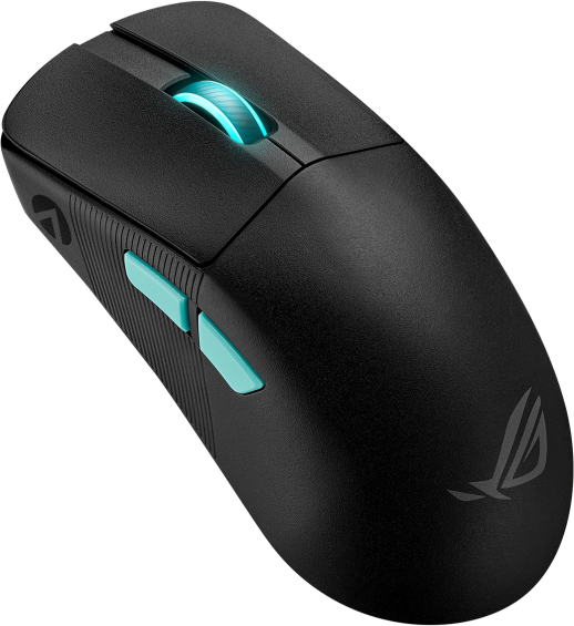Schwarze Gaming-Maus mit blauen Akzenten und einem Scrollrad. ROG-Logo an der Seite.