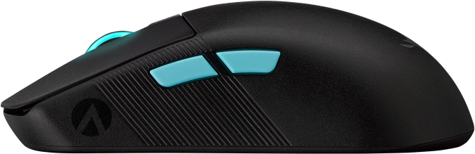 Schwarze Gaming-Maus mit blauen Seitentasten und einem leuchtend blauen Akzent oben.