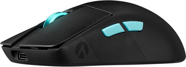 Schwarze Gaming-Maus mit türkis farbenen Tasten. Sie hat einen USB-C-Anschluss und ein Logo.