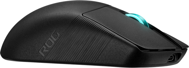 Eine schwarze ROG-Gaming-Maus mit teal-farbenem Rad und einem Ladeanschluss.