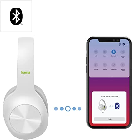 Auriculares blancos conectados a un smartphone. Logotipo de Bluetooth e imagen de los auriculares.
