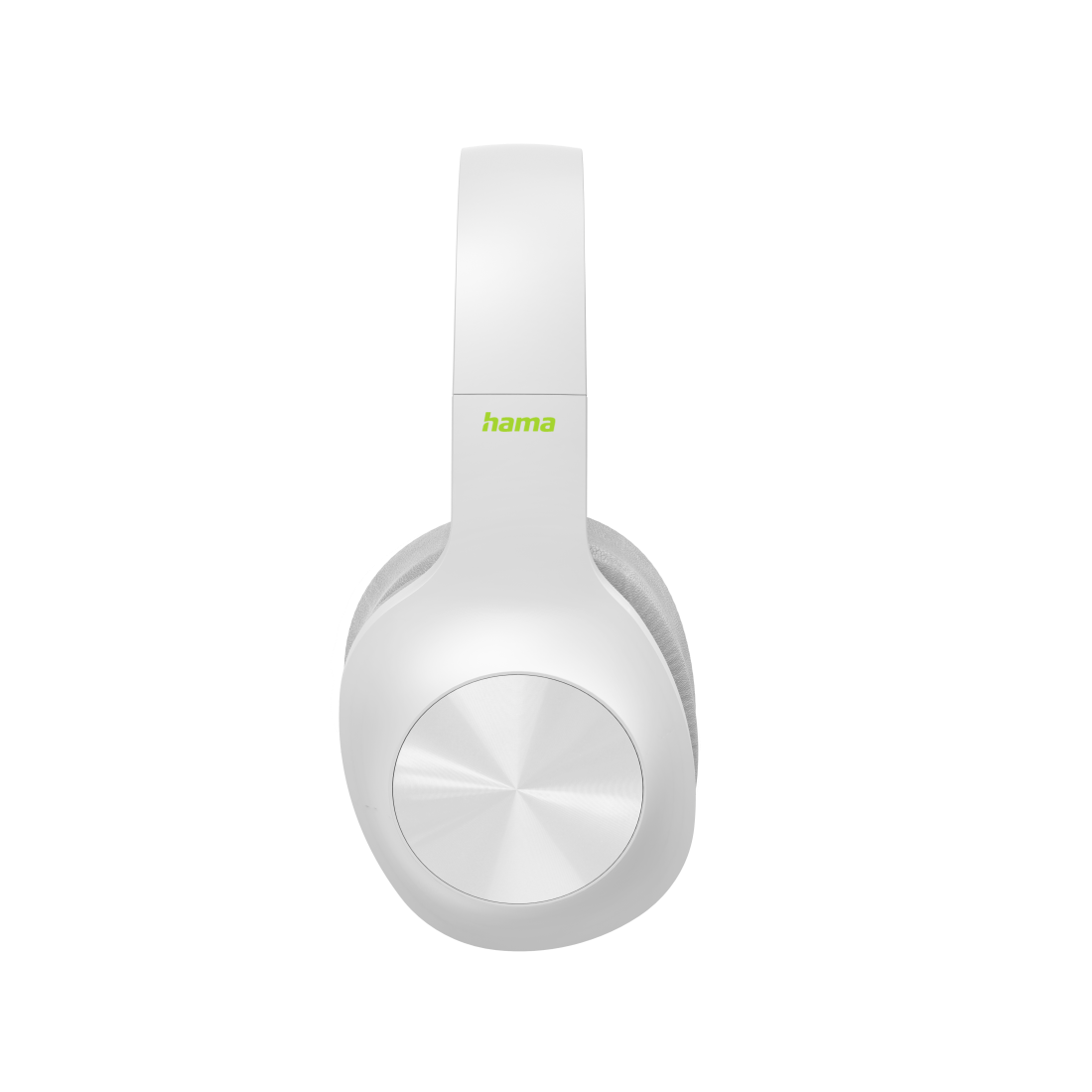 Auriculares Hama blancos. El logotipo de Hama es verde. El fondo es negro.