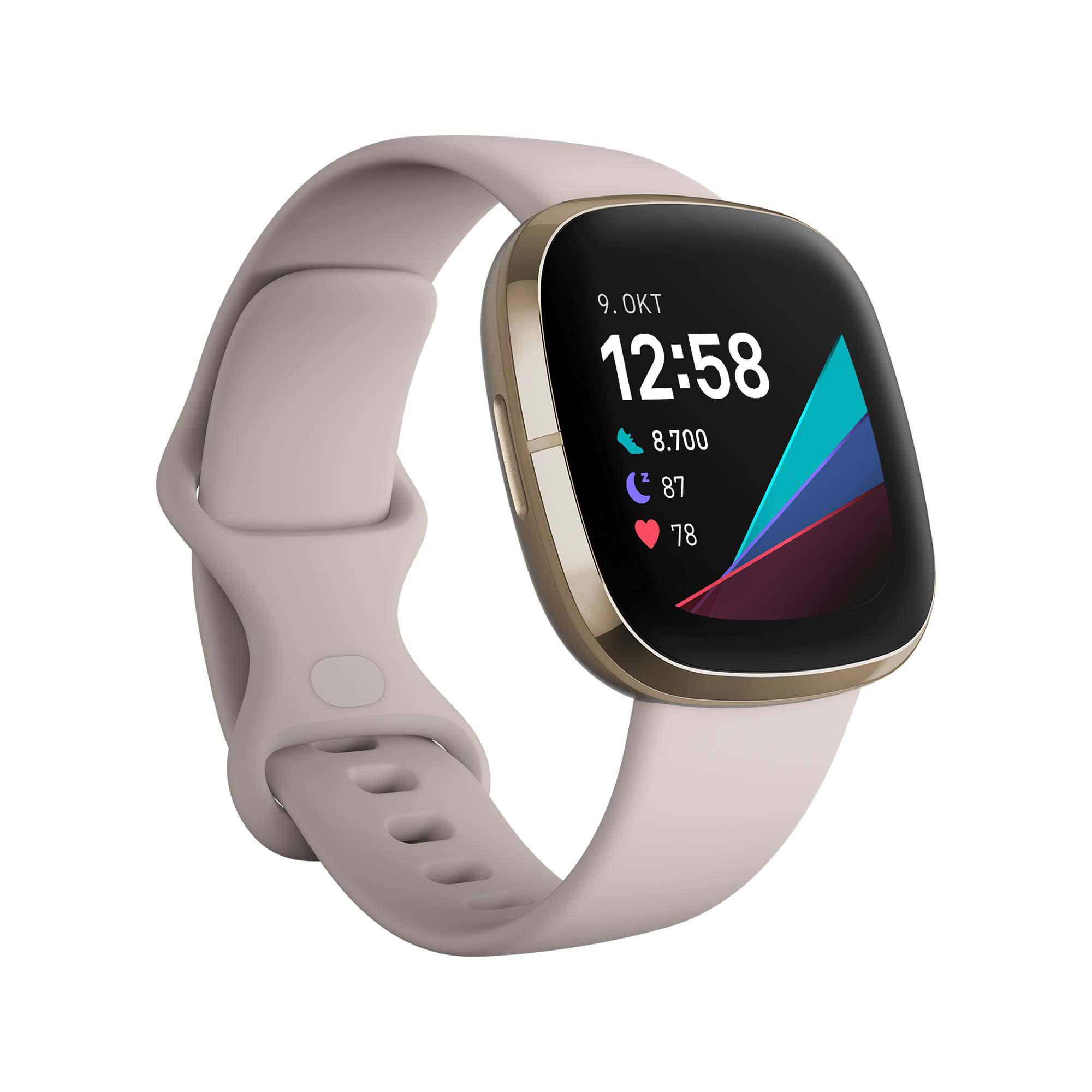 Smartwatch mit schwarzem Bildschirm, goldenem Rahmen und hellgrauem Band.