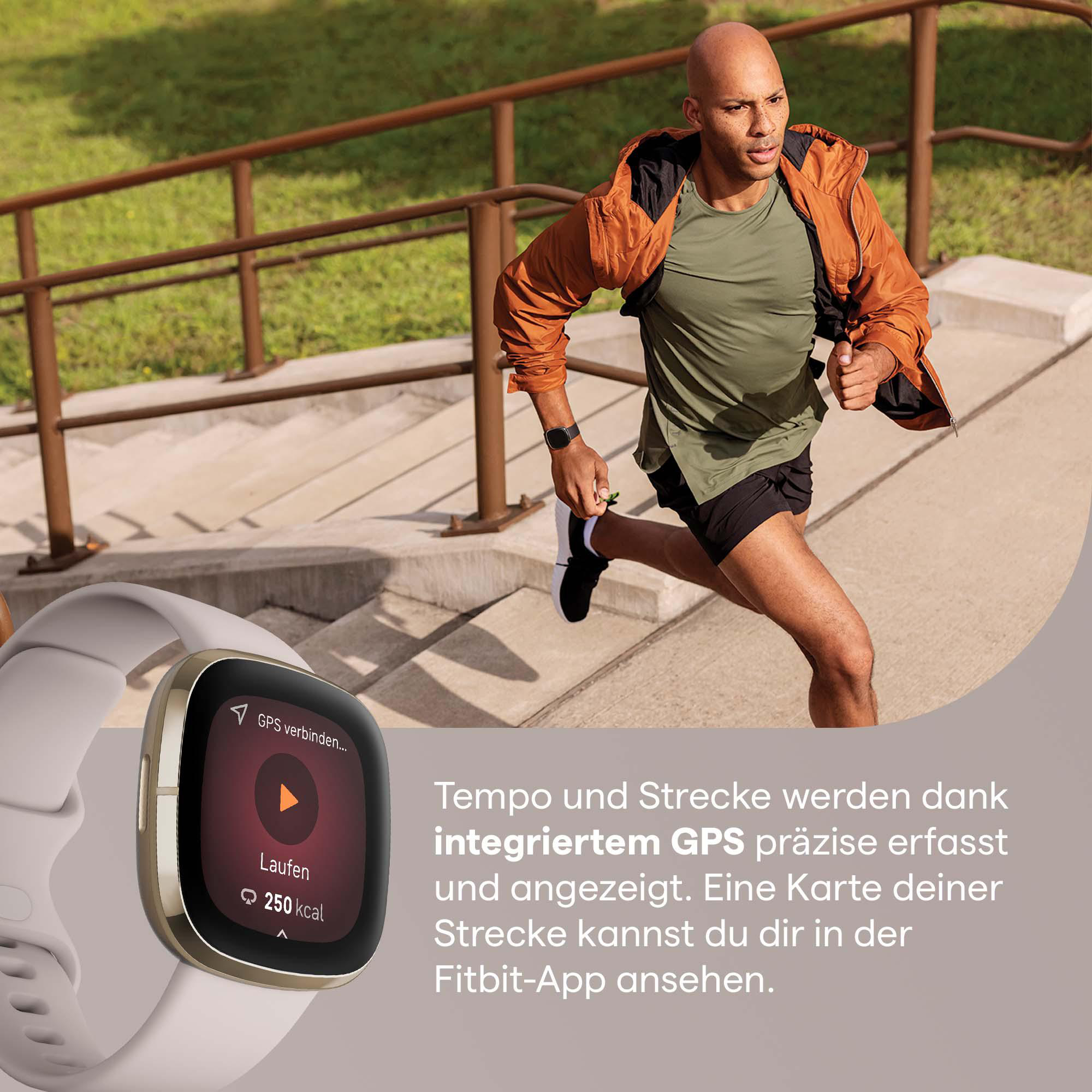 Mann, der läuft und eine Smartwatch trägt. Text: Tempo und Strecke. Fitbit-App.