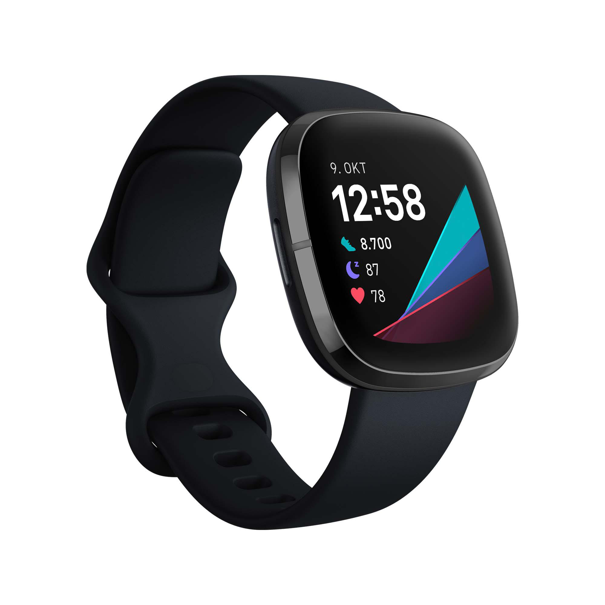 Schwarze Smartwatch mit schwarzem Armband, zeigt Zeit, Schritte und Herzfrequenz.