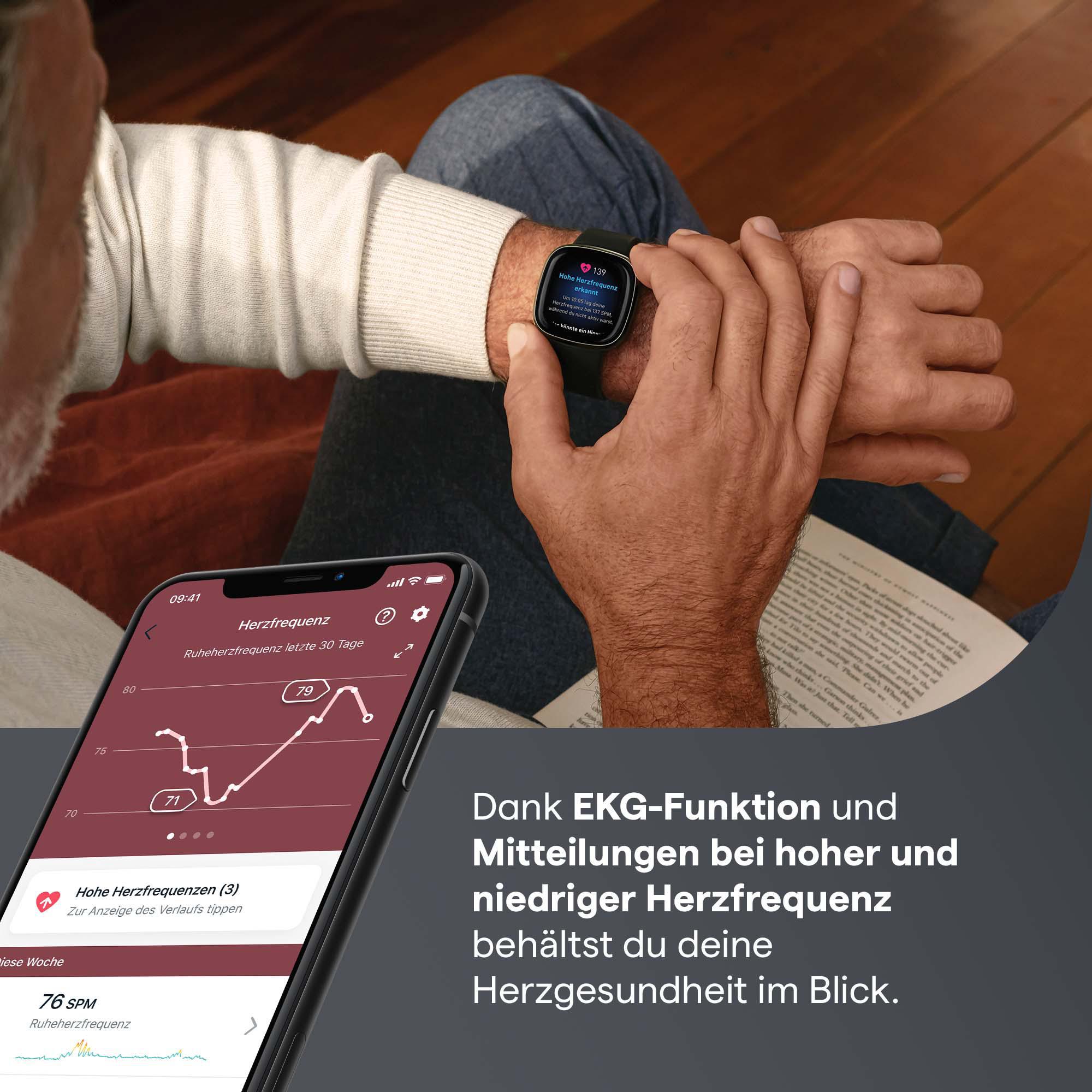 Eine Person, die eine Smartwatch trägt und ein Telefon mit Herzdaten betrachtet.