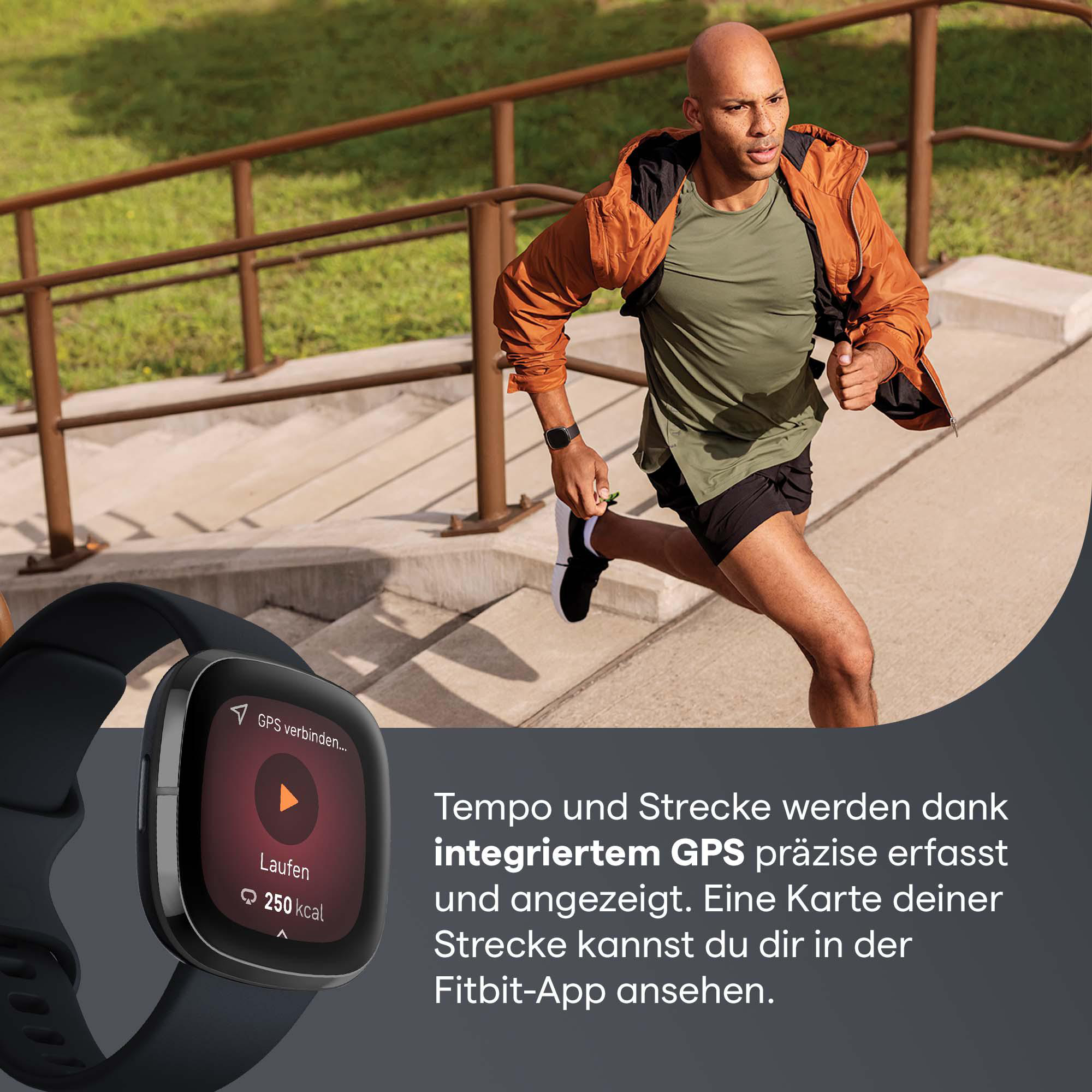 Mann, der läuft, trägt eine Smartwatch auf einem Weg mit Treppen. Smartwatch zeigt Laufdaten.