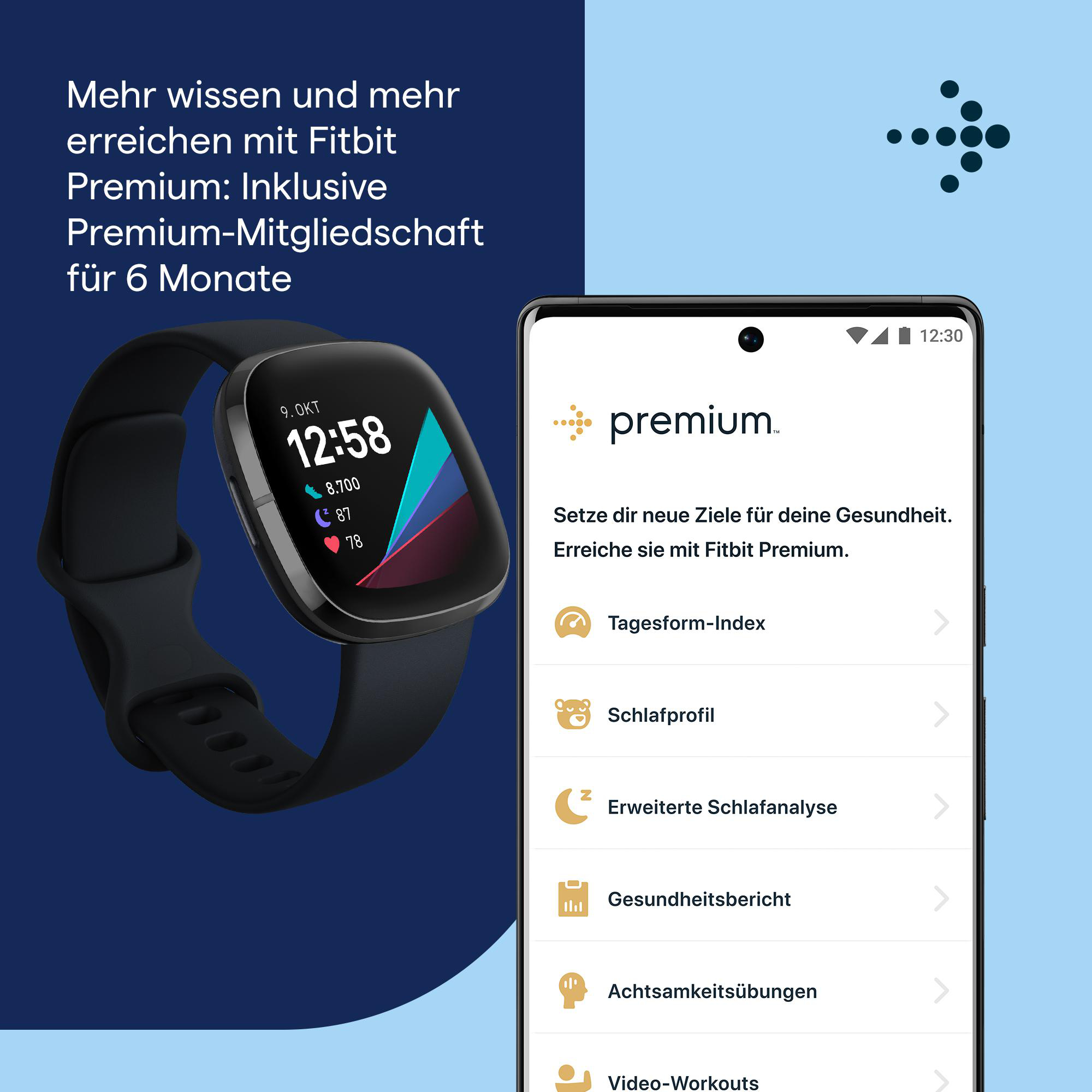 Fitbit-Smartwatch am Handgelenk und Telefonbildschirm mit Gesundheits- und Fitnessoptionen.