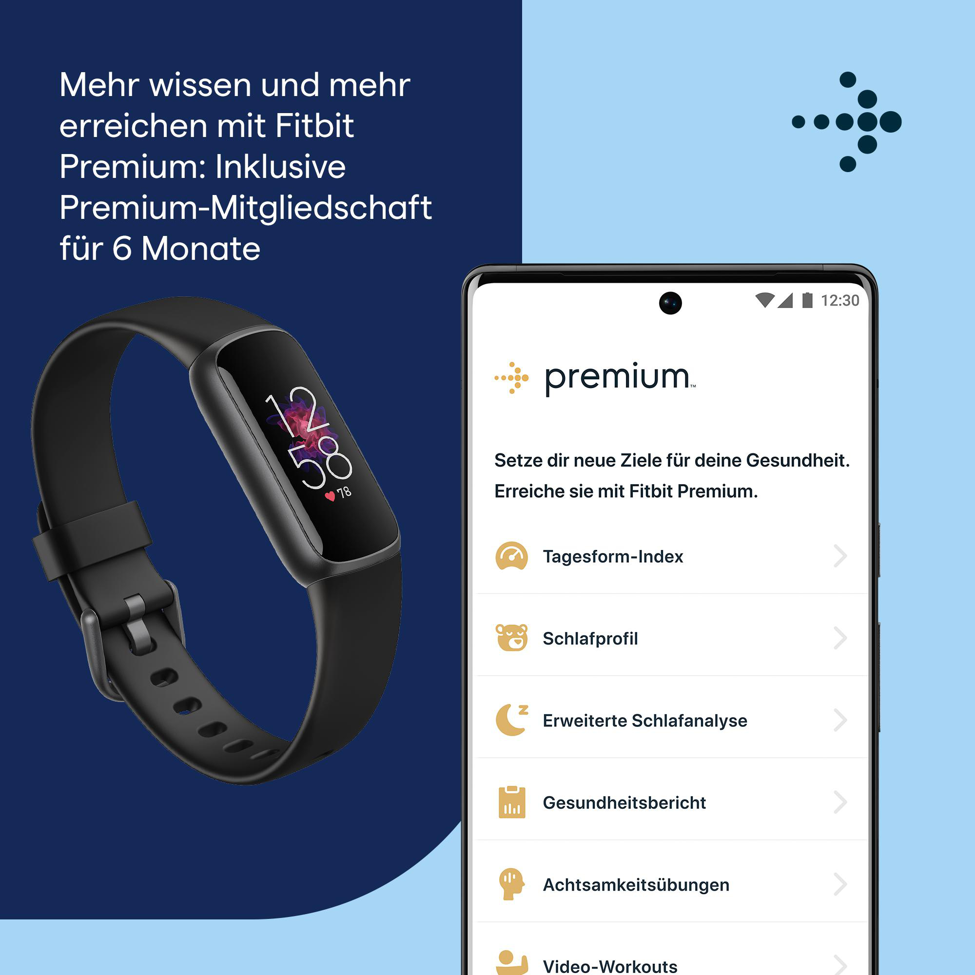Fitbit-Uhr und Telefon mit Premium-Funktionen und Text.