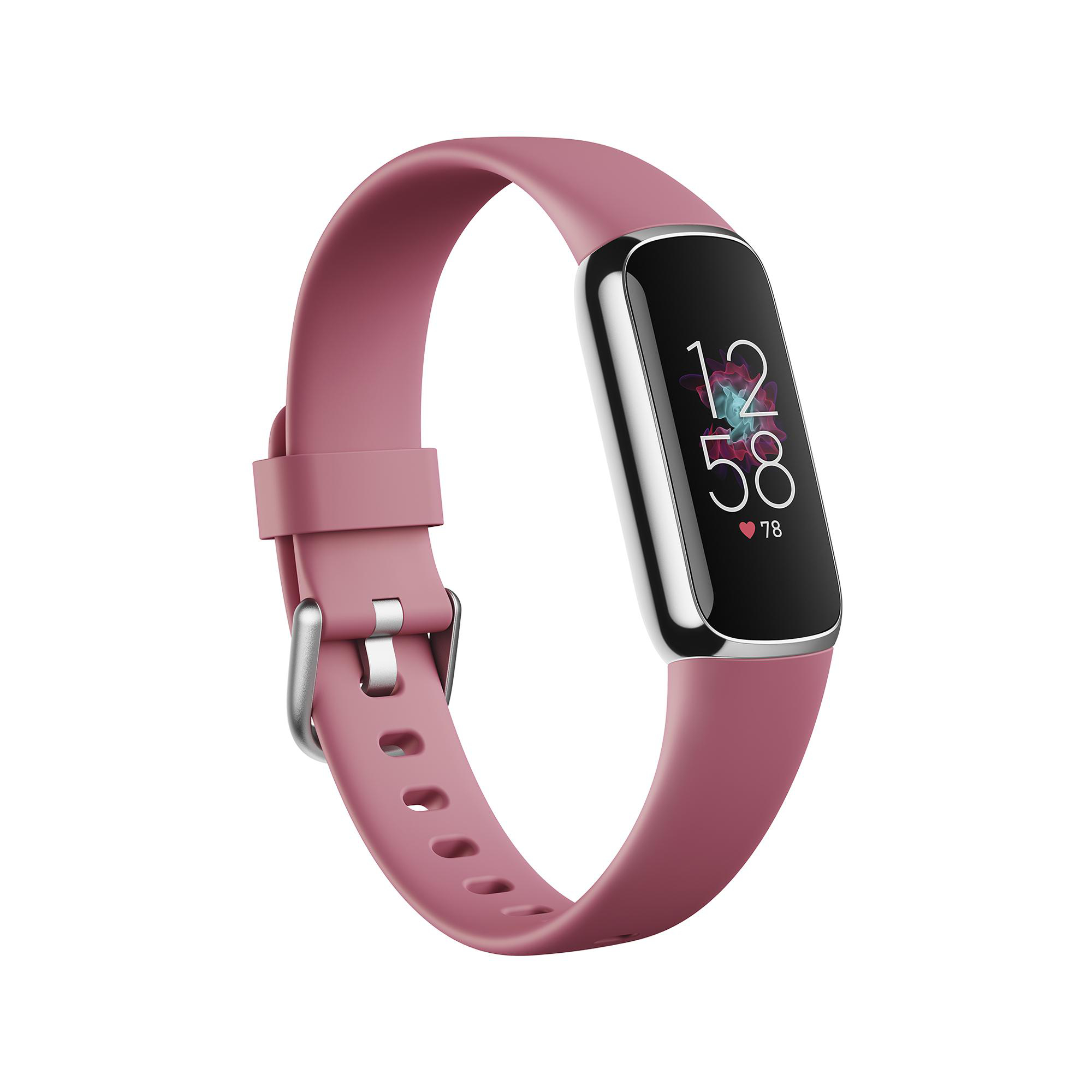 Ein rosa Fitness-Tracker-Armband mit einem schwarzen Bildschirm.