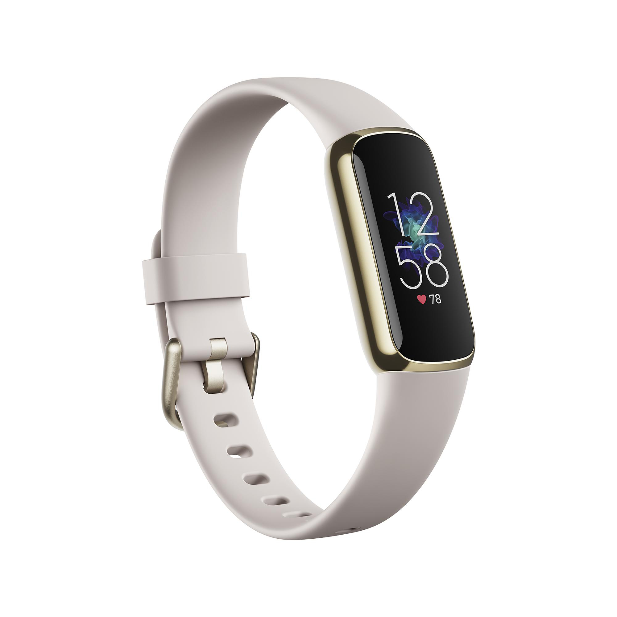 Hellgrauer Fitnesstracker mit goldenen Akzenten, zeigt die Zeit an.