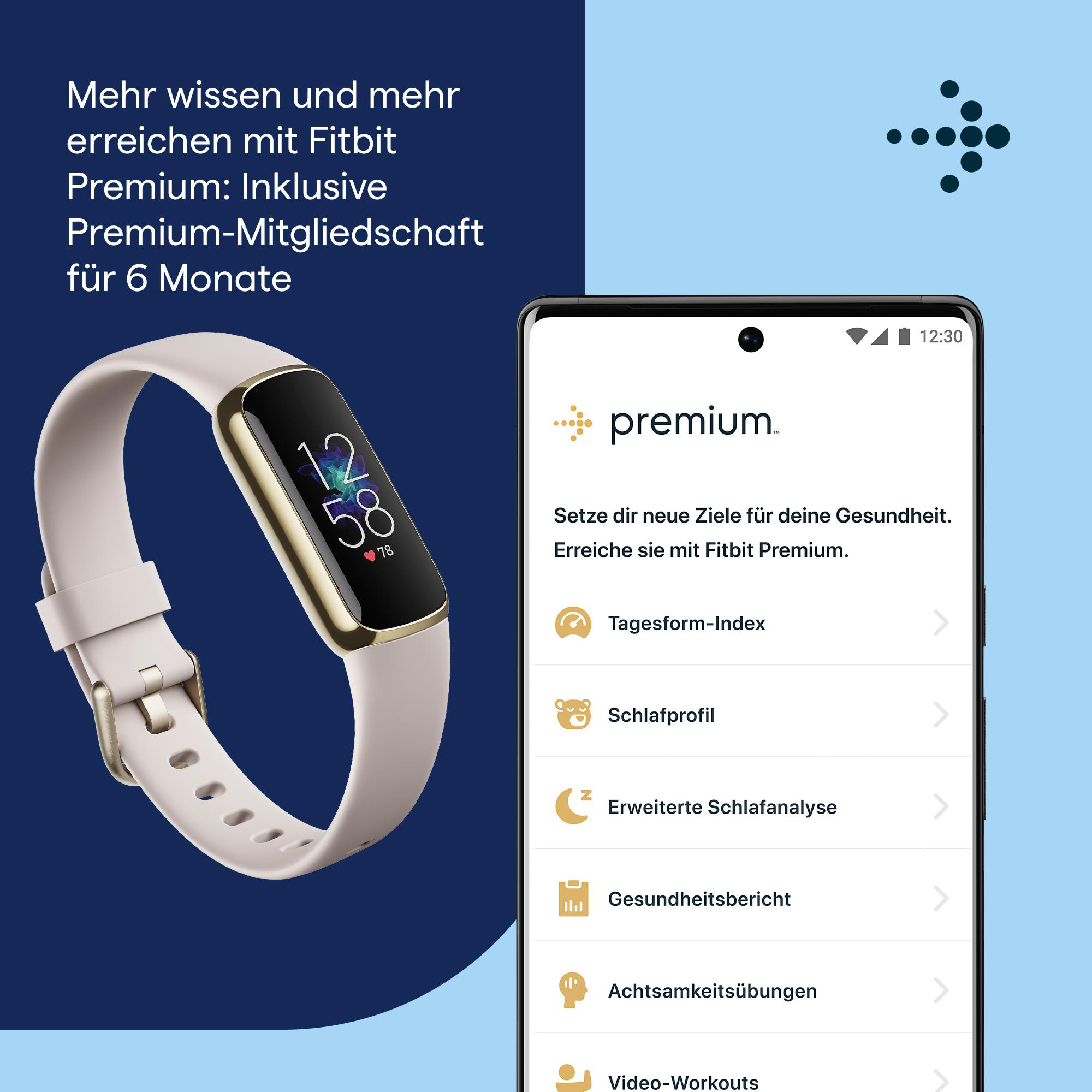 Fitbit-Uhr und Telefon mit Gesundheitsdaten. Text auf Deutsch.