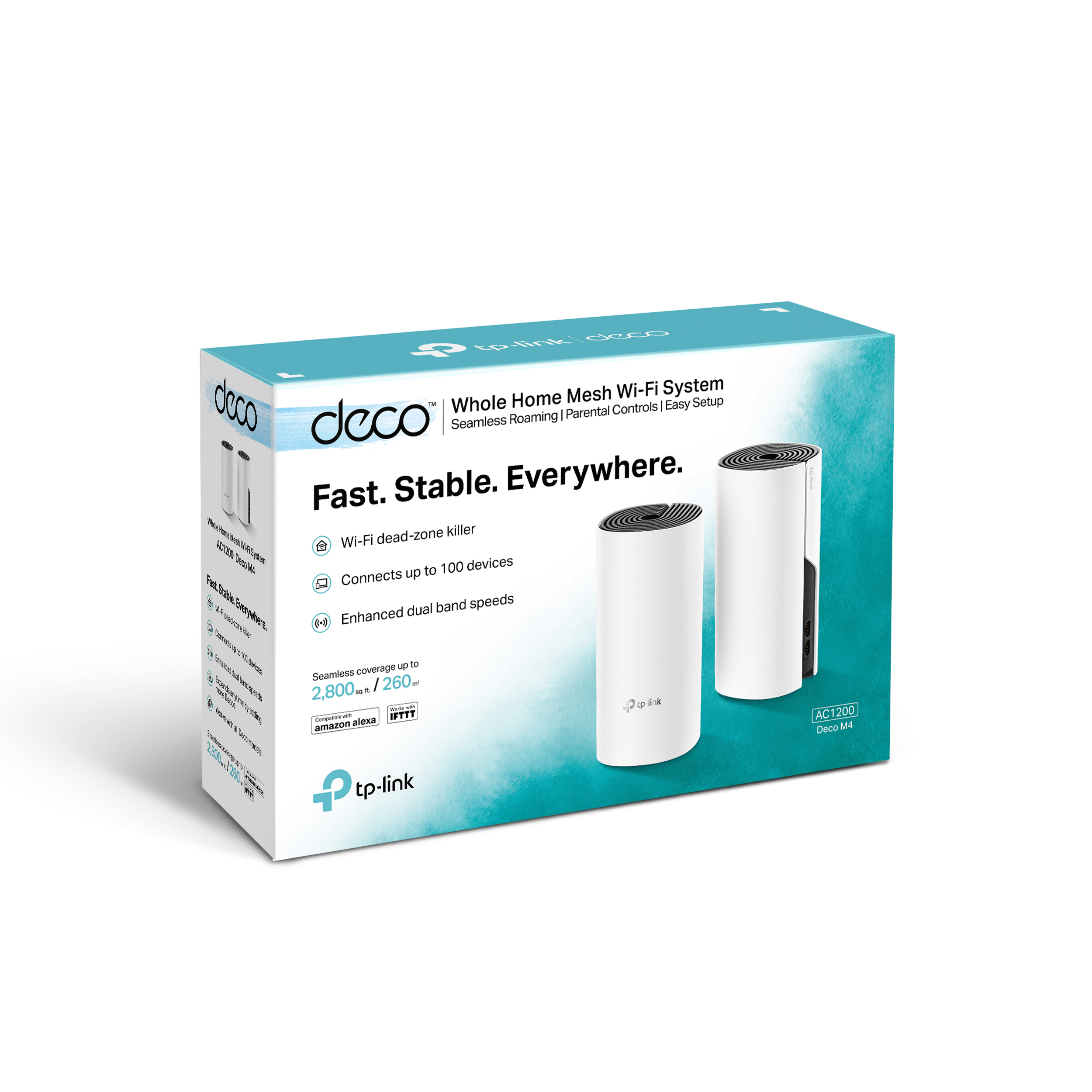 Caja del sistema Wi-Fi TP-Link Deco blanco y azul. Contiene dos dispositivos Wi-Fi cilíndricos blancos.