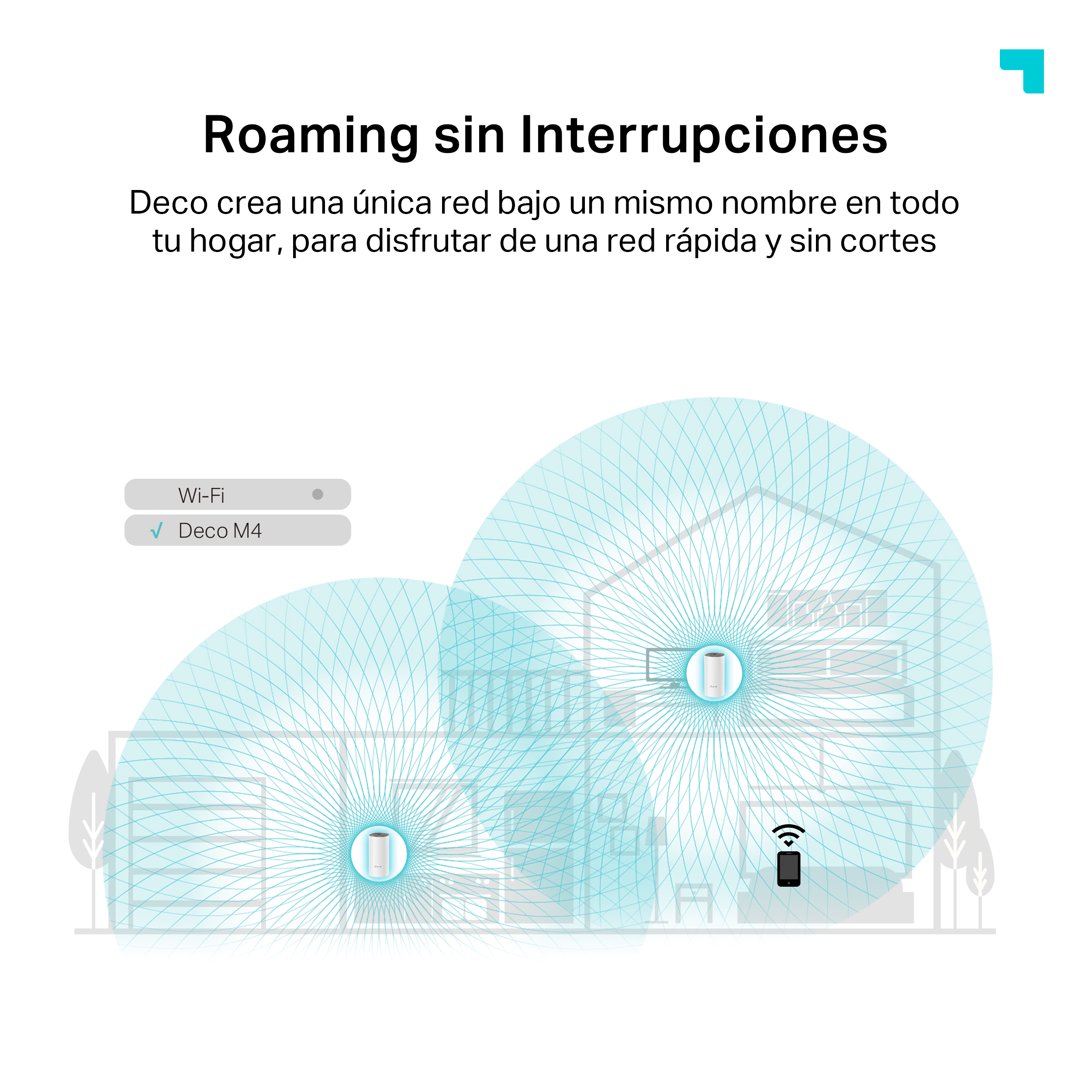 Dos routers en una casa, mostrando la cobertura Wi-Fi, con el texto 'Roaming sin interrupciones'.