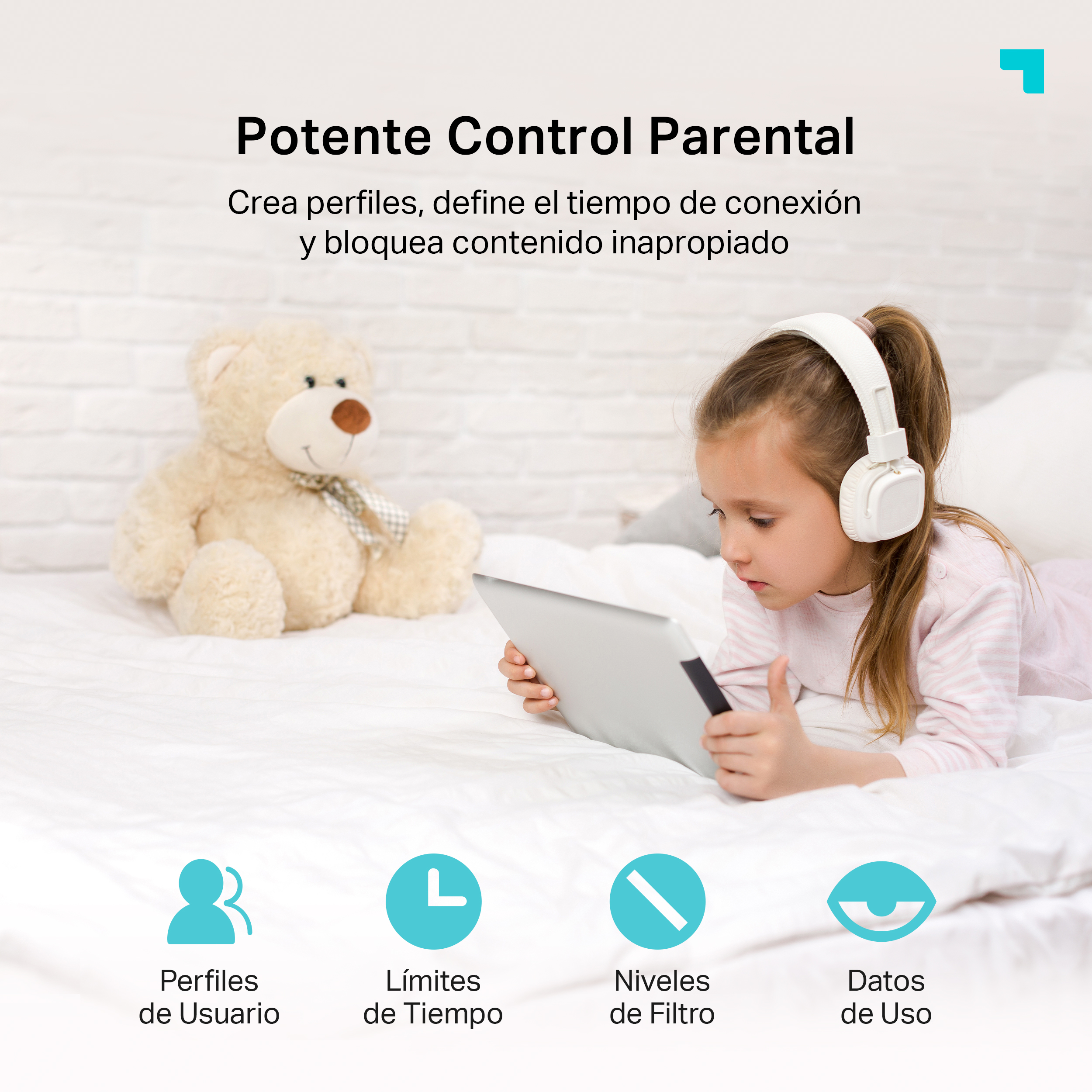 Una niña usando una tableta con auriculares, junto a iconos de perfiles de usuario y límites de tiempo.