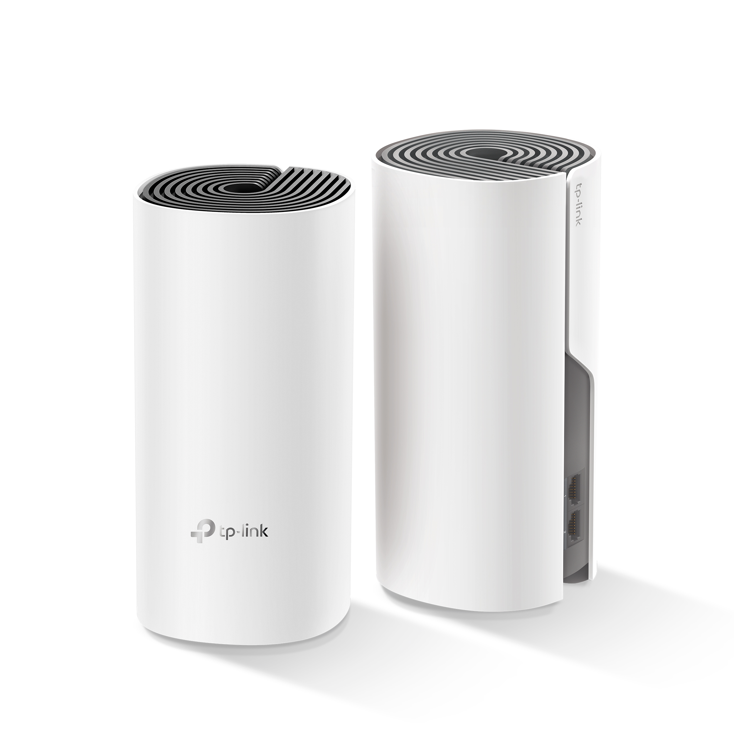 Dos dispositivos TP-Link cilíndricos blancos, uno con diseño superior y otro con el lateral.