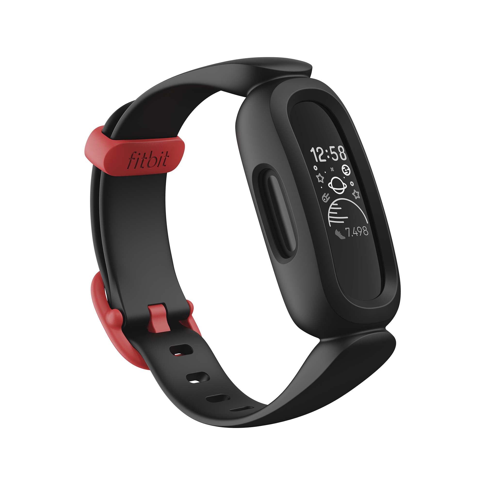 Schwarzer und roter Fitbit-Fitnesstracker, der eine digitale Anzeige mit Zeit- und Aktivitätsdaten zeigt.