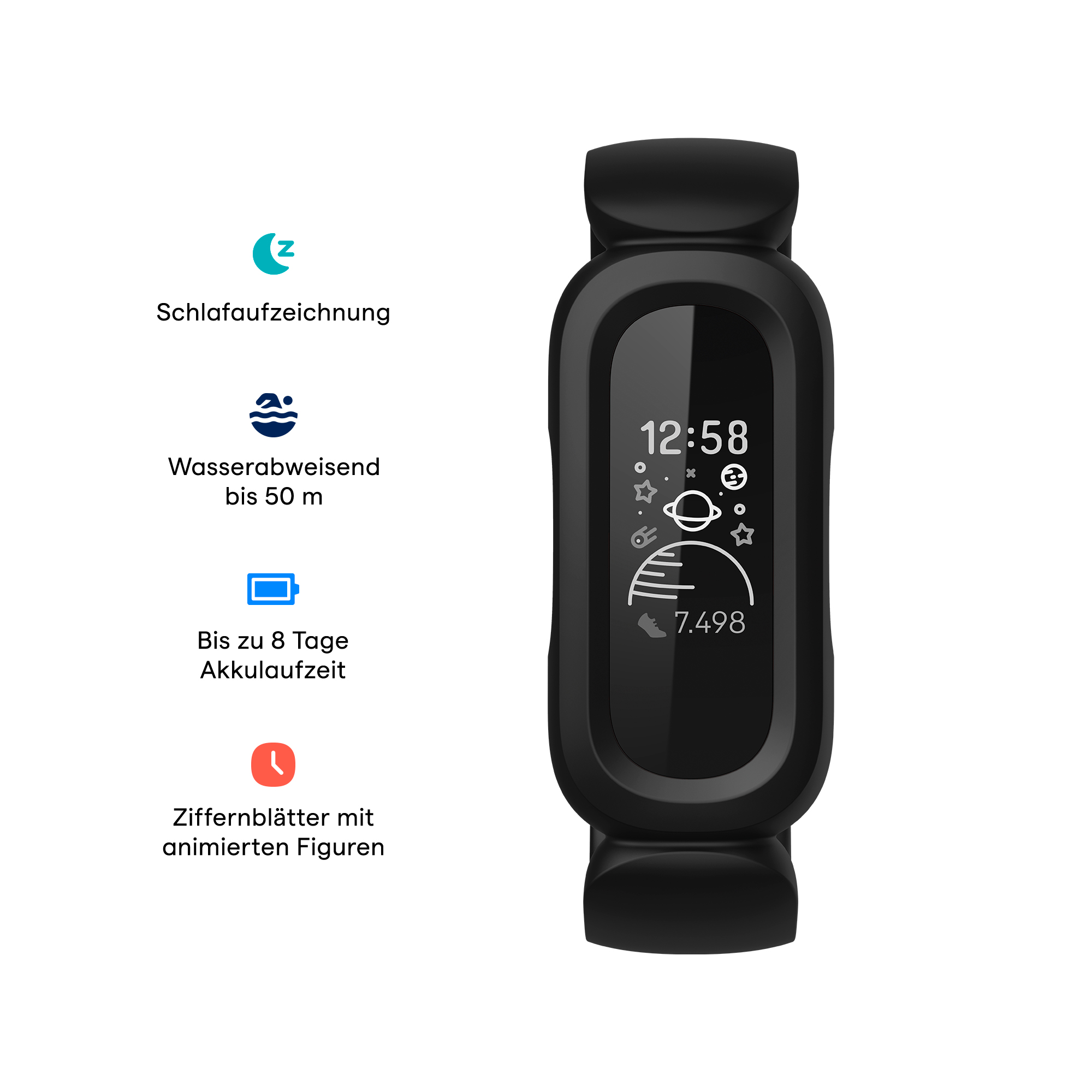Schwarzer Fitnesstracker mit Bildschirm, der Zeit und Symbole anzeigt. Infografiken zu Funktionen links.
