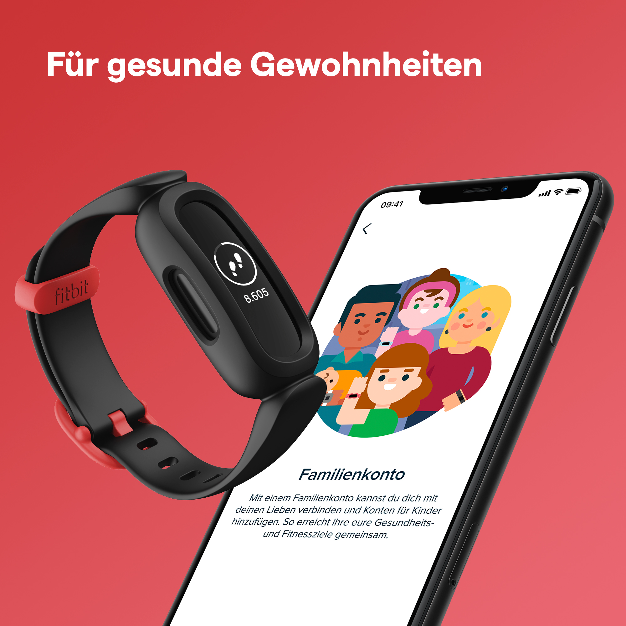 Fitnesstracker am Handgelenk, mit Telefon, das Familienkonto und Cartoonfiguren zeigt.