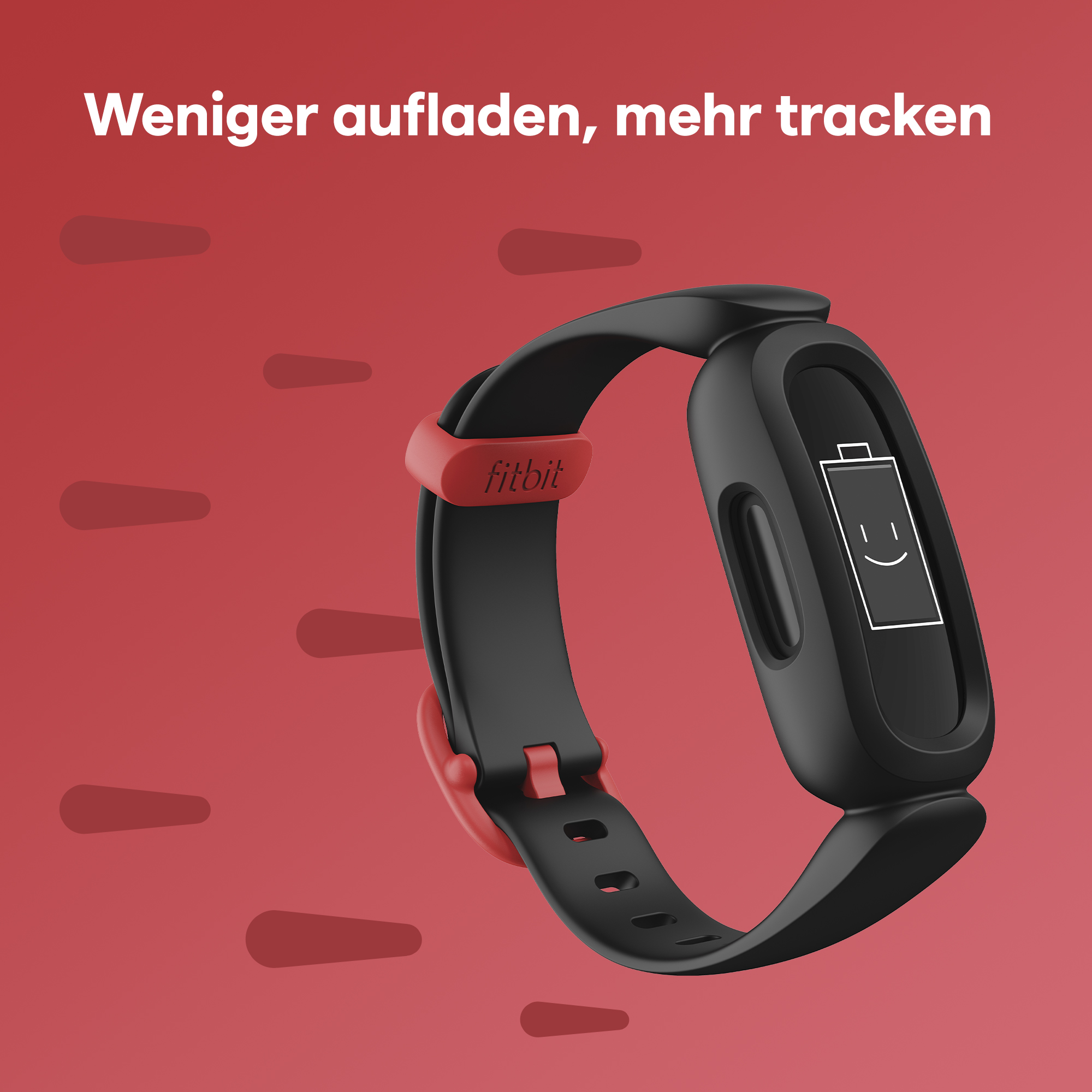 Ein schwarzer Fitbit-Fitnesstracker mit rotem Armband, auf rotem Hintergrund.