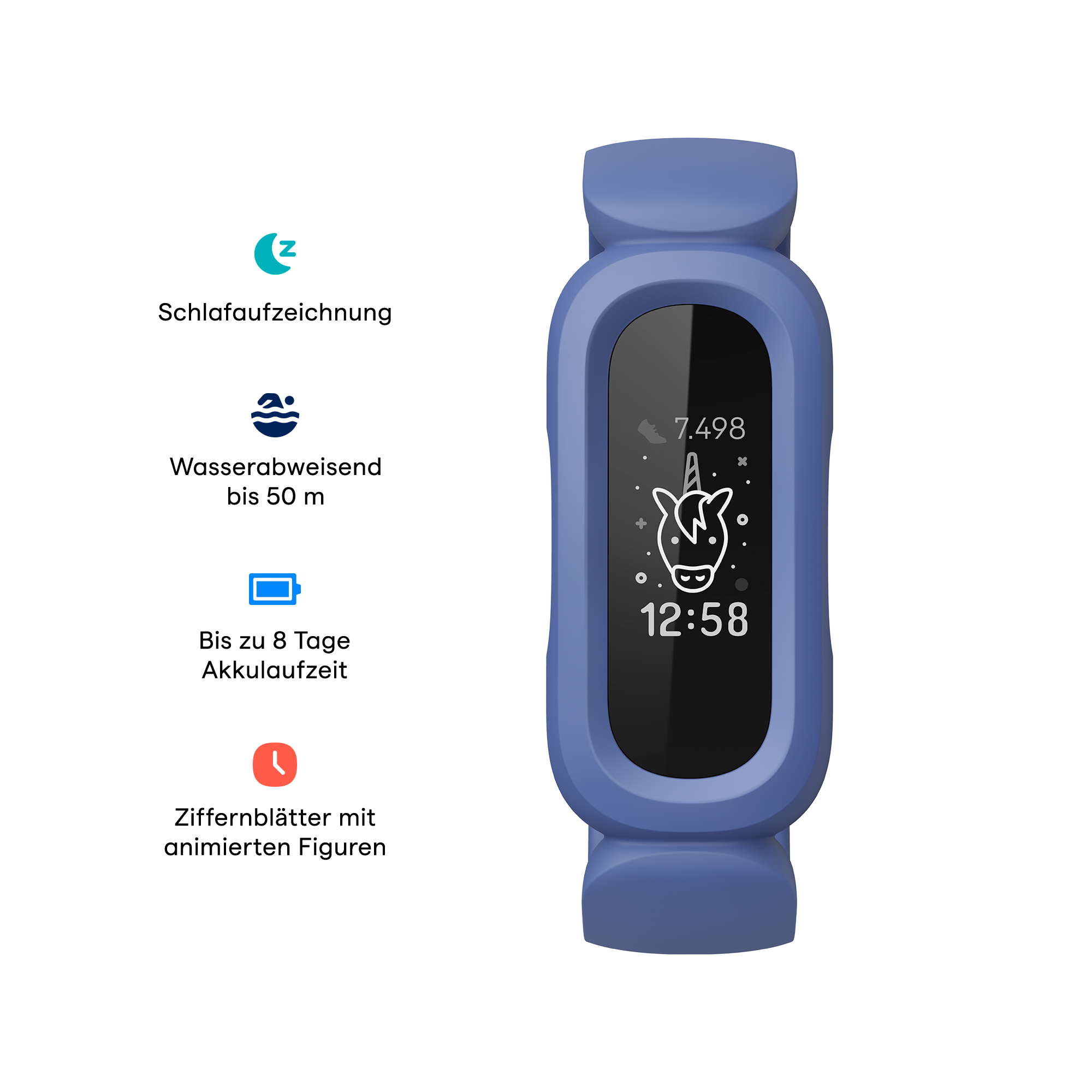 Ein blauer Fitnesstracker mit Bildschirm, der Zeit und eine Einhorn-Grafik sowie Informationssymbole anzeigt.