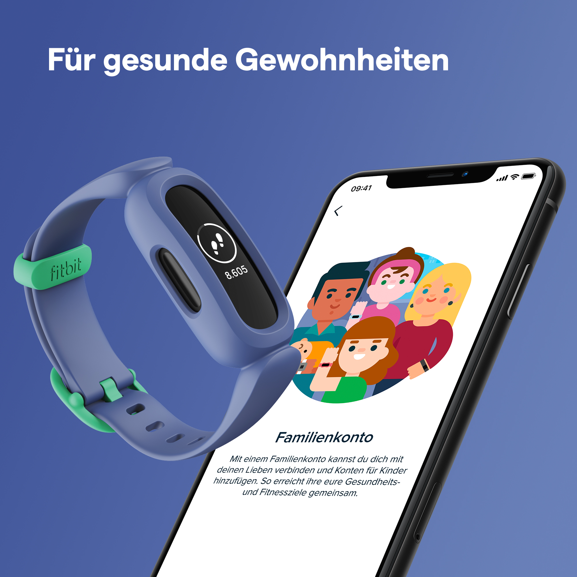 Fitbit-Smartwatch und Telefon mit Familien-Gesundheits-App, Text auf Deutsch. Eine Familie wird gezeigt.