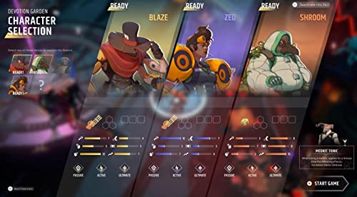 Una pantalla de juego que muestra la selección de personajes: Blaze, Zed y Shroom. Cada uno tiene habilidades.