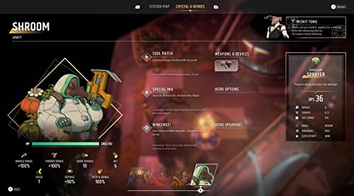 Interfaz de videojuego con información y estadísticas del personaje, con un fondo de un entorno oscuro.