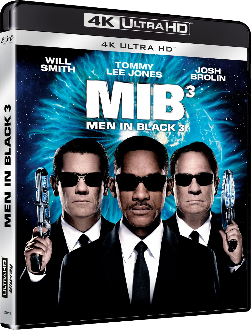 Couverture Blu-ray de MIB 3 avec Will Smith, Tommy Lee Jones et Josh Brolin en costumes noirs.
