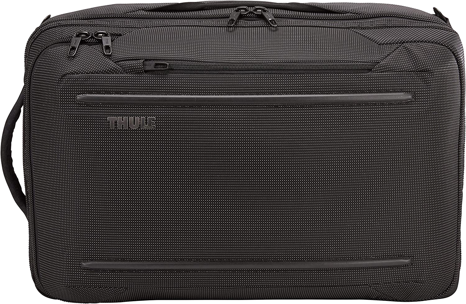 Bolsa de viaje Thule negra. Cremalleras, superficie texturizada y nombre de la marca visible.