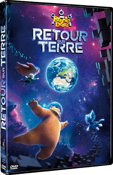 Boîtier DVD avec des personnages de dessins animés. Un ours et un chat dans l'espace, avec la Terre visible en arrière-plan, avec du texte.