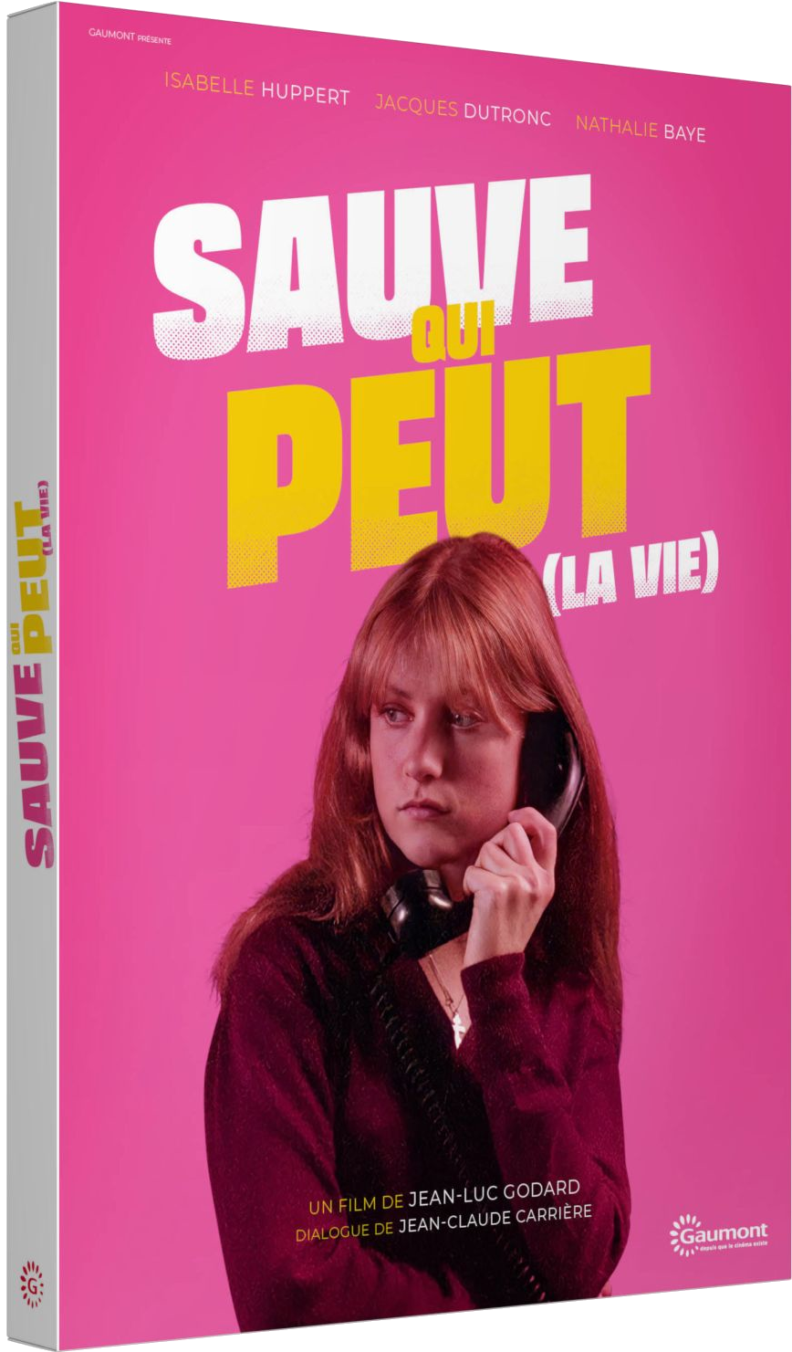 Couverture du film 'Sauve Qui Peut (La Vie)' avec une femme tenant un téléphone.