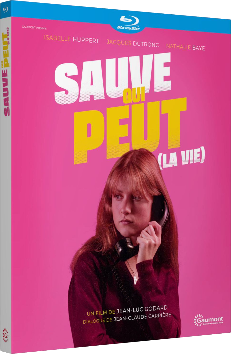 Filmover voor Sauve Qui Peut (La Vie) met vrouw die telefoon vasthoudt. Roze achtergrond, Blu-ray disc.