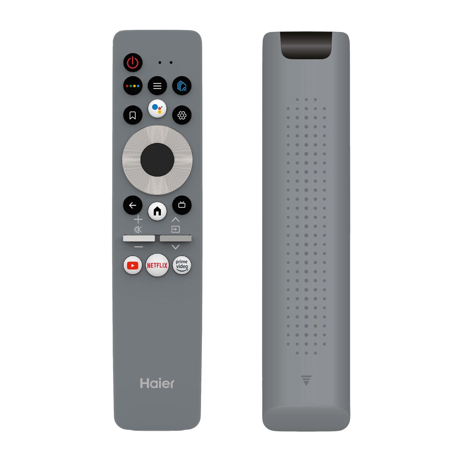 Mando a distancia Haier gris. Un lado muestra botones, el otro un patrón punteado.