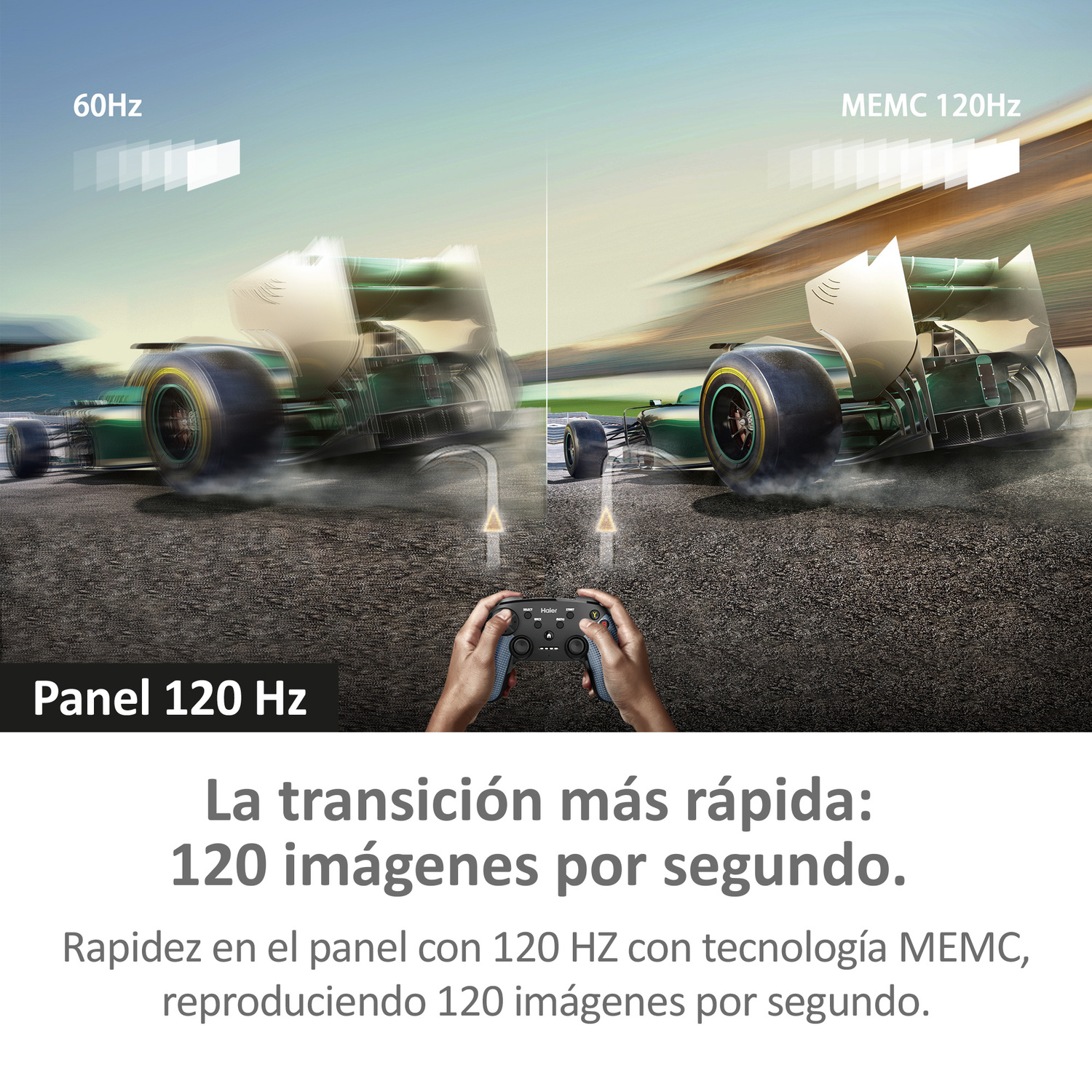 Imagen que compara las frecuencias de actualización de 60 Hz y 120 Hz, con un coche de carreras.