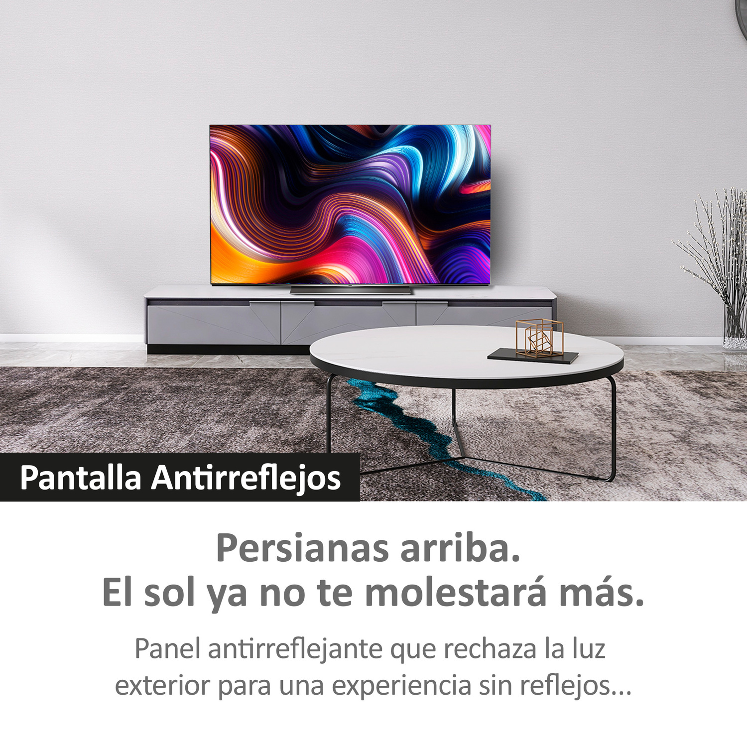 Salón con TV, mesa y alfombra. Texto de pantalla antirreflectante.