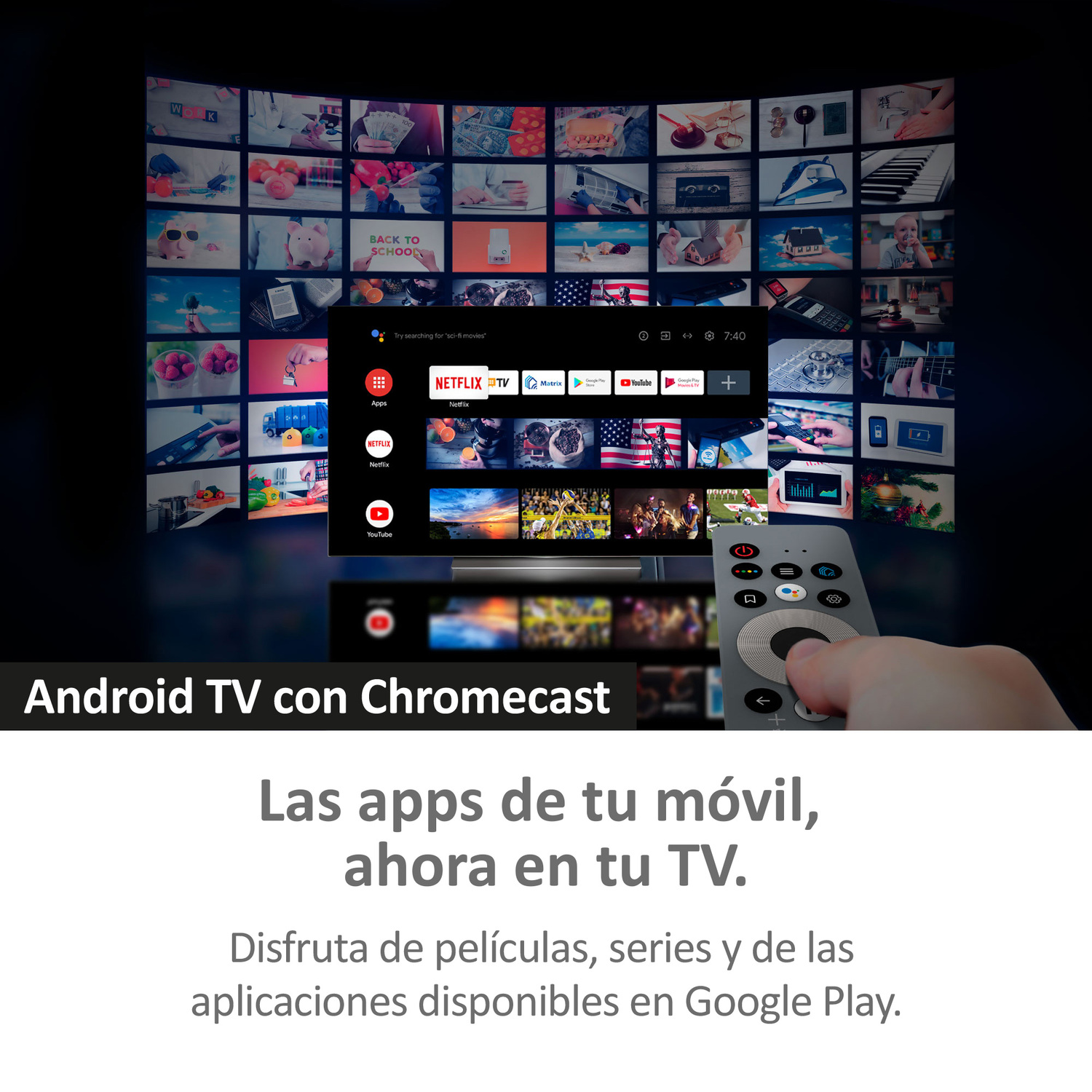 Un televisor Android con Chromecast, que muestra una interfaz con iconos de aplicaciones y una mano sosteniendo un control remoto.