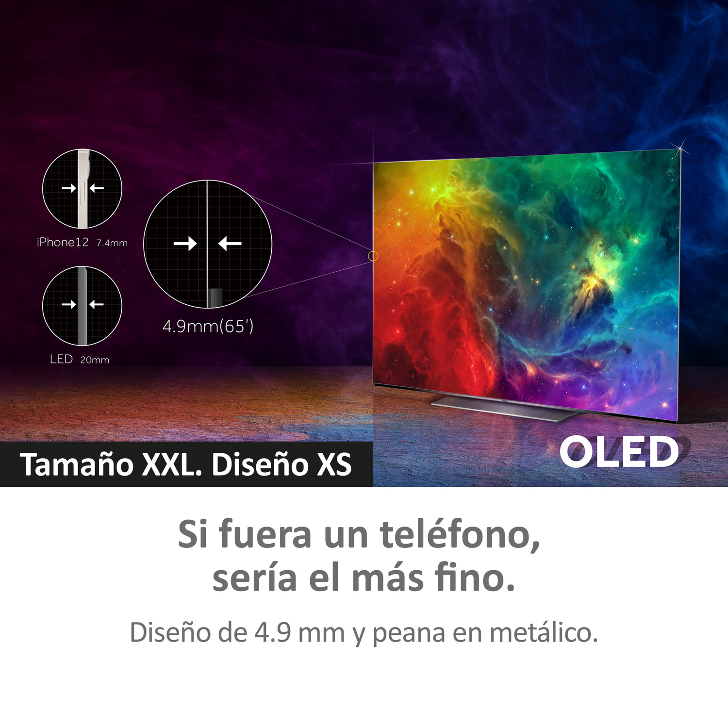 Un televisor OLED con una colorida pantalla de nebulosa. Texto: 'Diseño de 4,9 mm y peana en metálico'.