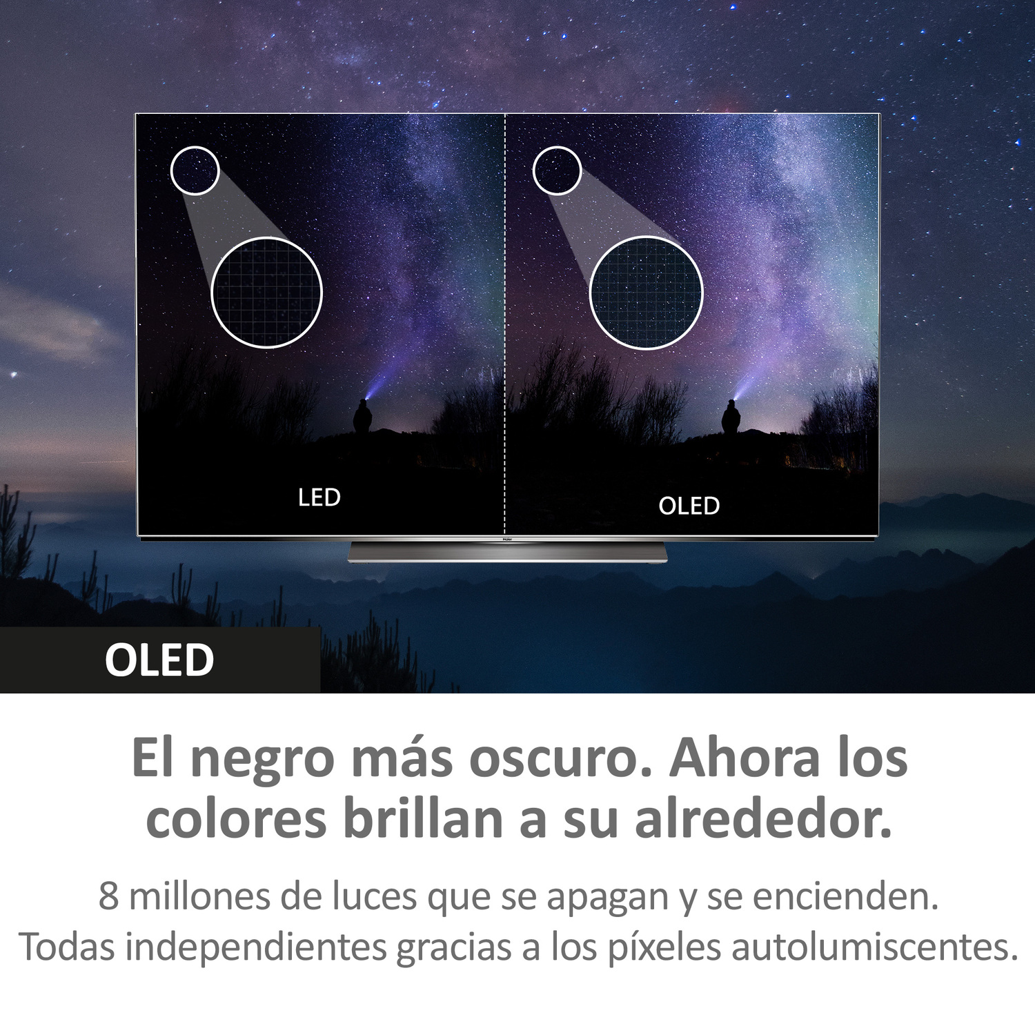 Comparación de televisores LED y OLED. Texto OLED sobre un fondo estrellado.
