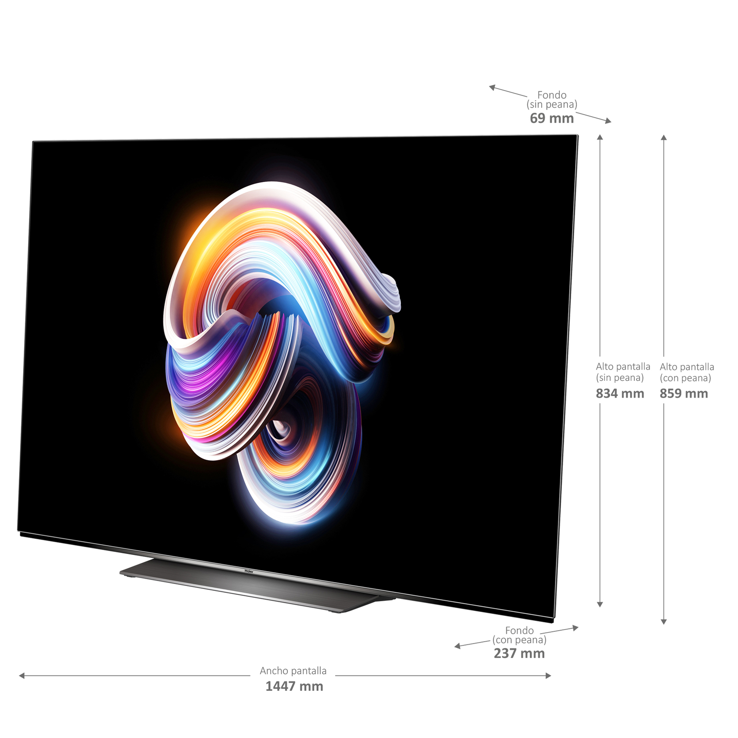 TV grande con imagen abstracta colorida sobre fondo negro. Dimensiones y especificaciones a la derecha.