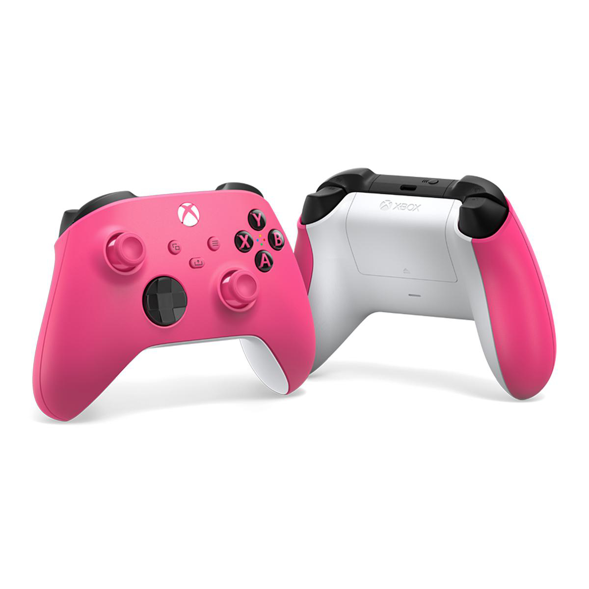 Zwei rosa Xbox-Controller, einer zeigt die Vorderseite, der andere die Rückseite mit dem Xbox-Logo.