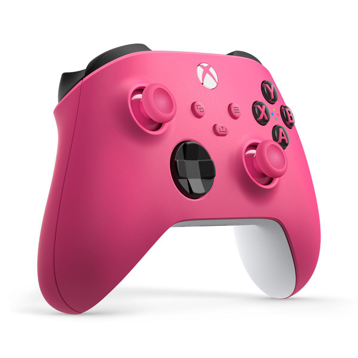 Ein pinkfarbener Xbox-Controller mit schwarzen Knöpfen und weißen Akzenten, schräge Ansicht.