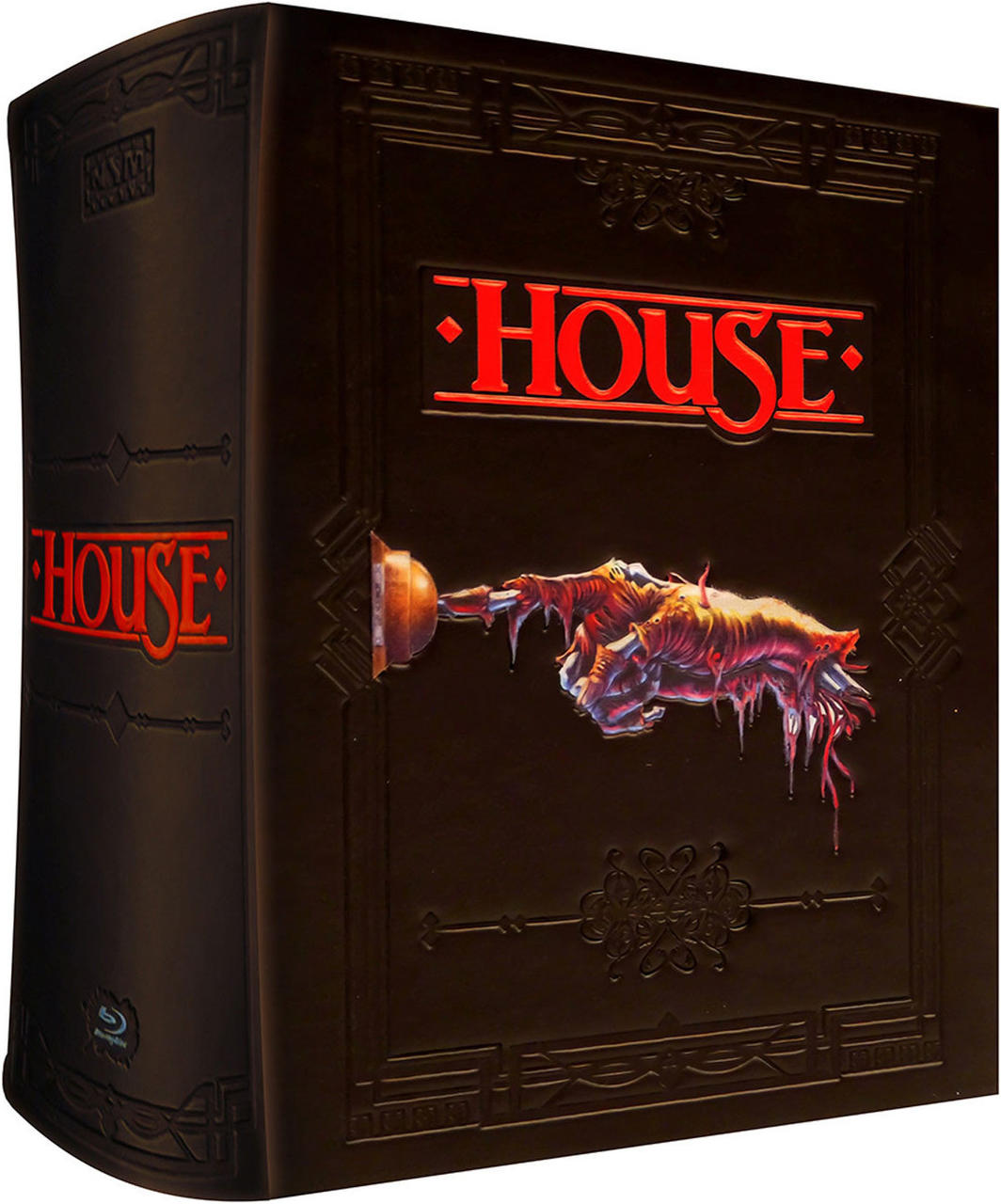 Ein dunkler Buchumschlag mit 'HOUSE' in roten Buchstaben. Eine Hand mit Schleim drückt eine Türklingel.
