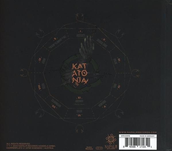 Katatonia album borító. Fekete háttér, kör alakú design, a zenekar neve és bronz színű grafikák.