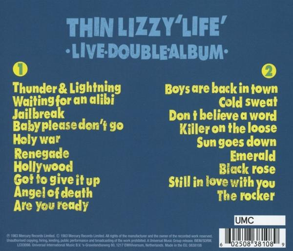 Thin Lizzy album hátlapja, sárga betűkkel listázott számcímekkel.