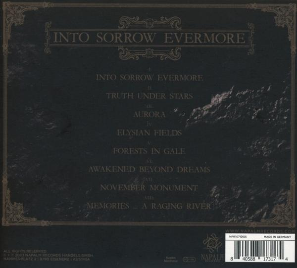 Albumcover mit Text, der Songtitel und Credits auf dunklem Hintergrund auflistet. Berg sichtbar.
