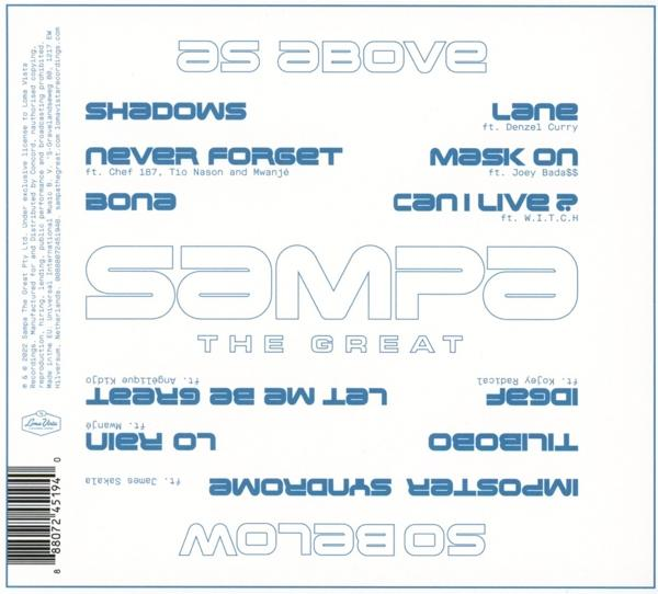 Une pochette de CD avec les titres des morceaux et les noms des artistes. Le titre est 'Sampa the Great'. La pochette est bleue et blanche.