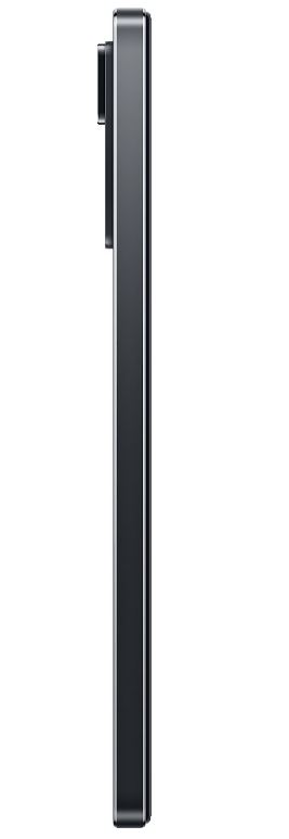 Siyah bir akıllı telefonun yan görünümü, kamerayı ve şık tasarımı gösteriyor. Açık renk arka plan.