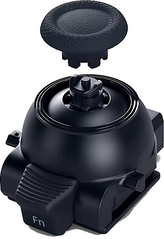 Schwarzer Joystick mit abnehmbarem Aufsatz und Knöpfen. Weißer Hintergrund.