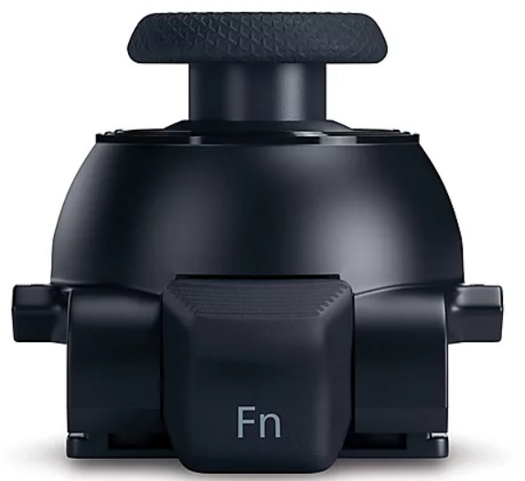 Schwarzer Joystick mit Fn-Taste. Die Oberseite hat eine strukturierte Oberfläche.